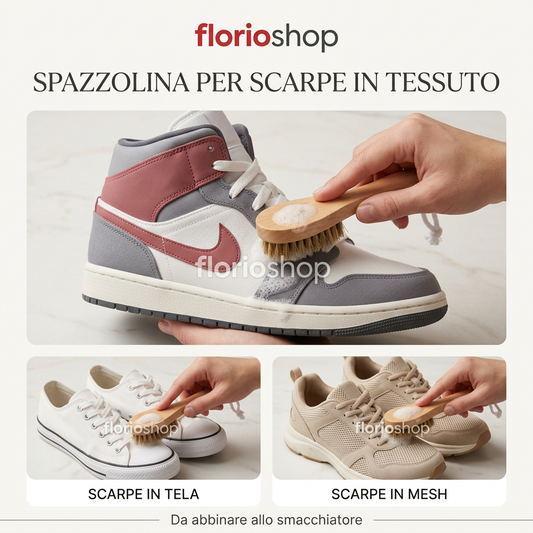 La tua alleata per sneakers sempre curate! La spazzolina Florioshop, abbinata allo smacchiatore, ti aiuta a lavorare sullo sporco delle scarpe in tessuto, anche nei punti più difficili da raggiungere.”