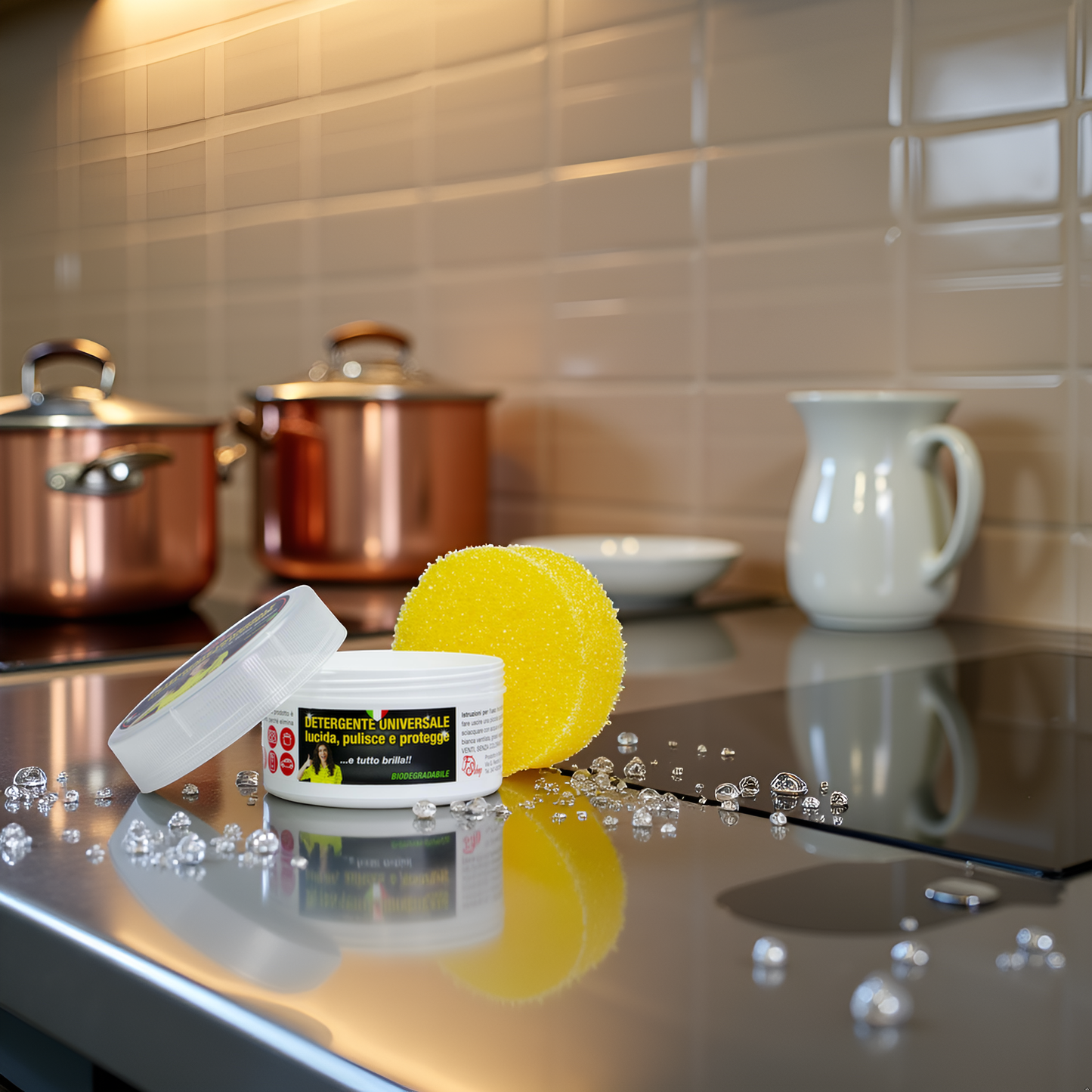 Detergente Universale 700g-PASTA PULENTE LUCIDA PULISCE PROTEGGE .ELIMINA CALCARE DALLA DOCCIA.E' TUTTO BRILLA 2 SPUGNE INCLUSE