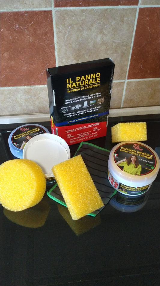 FS shop Detergente Universale 300gr (2pz) e Panno in Carbonio 3 Panni 38X50 e 1 18x14 (1pz)