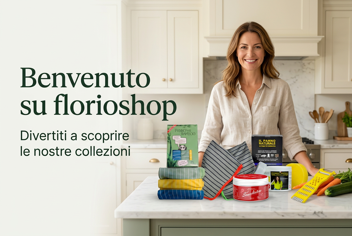 Banner Florioshop con una donna, i prodotti e il messaggio di benvenuto