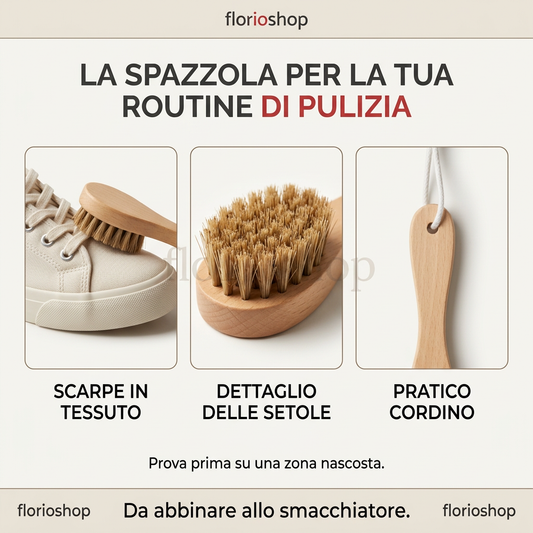 La tua alleata per sneakers sempre curate! La spazzolina Florioshop, abbinata allo smacchiatore, ti aiuta a lavorare sullo sporco delle scarpe in tessuto, anche nei punti più difficili da raggiungere.”