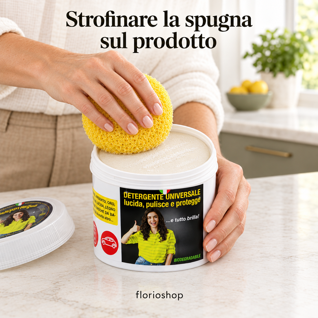 Detergente Universale 700g-PASTA PULENTE LUCIDA PULISCE PROTEGGE .ELIMINA CALCARE DALLA DOCCIA.E' TUTTO BRILLA 2 SPUGNE INCLUSE